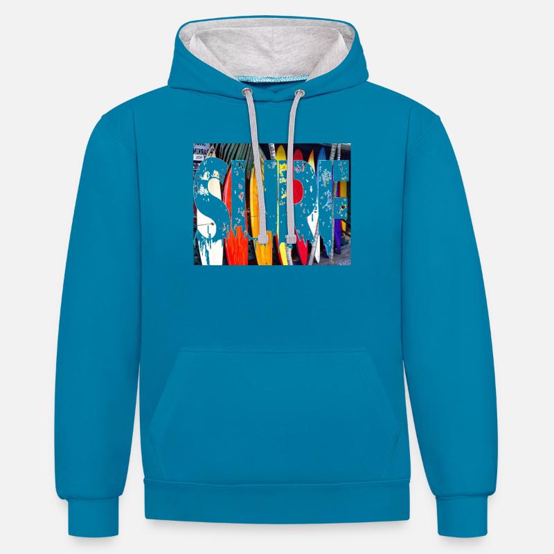 SURF - Sweat à capuche contrasté - bleu paon/gris chiné