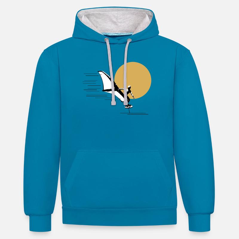 Wingfoiler devant le soleil - Sweat à capuche contrasté - bleu paon/gris chiné