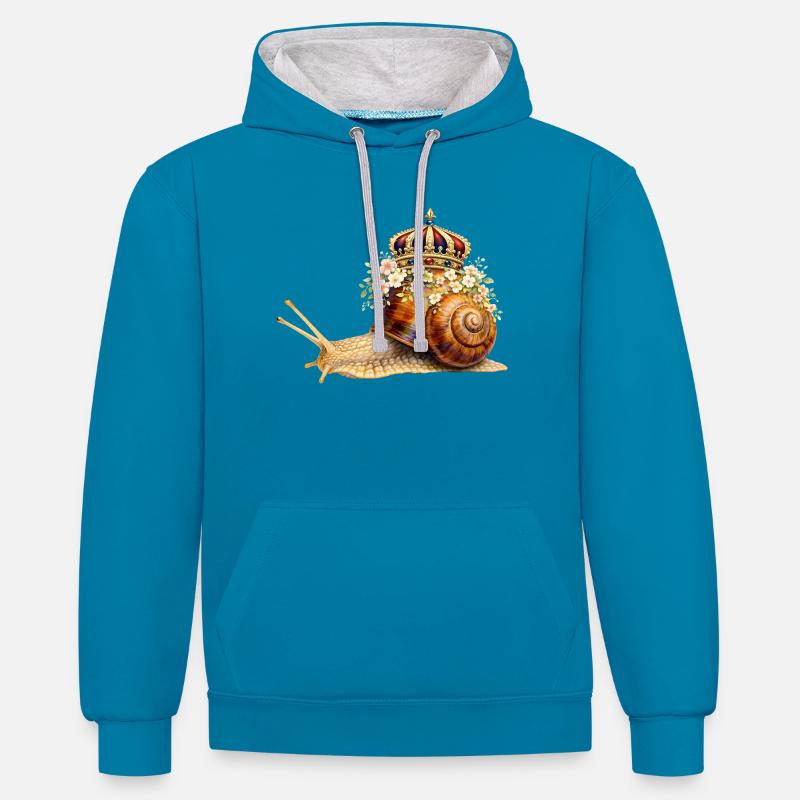 Escargot royal avec couronne de fleurs - Sweat à capuche contrasté - bleu paon/gris chiné
