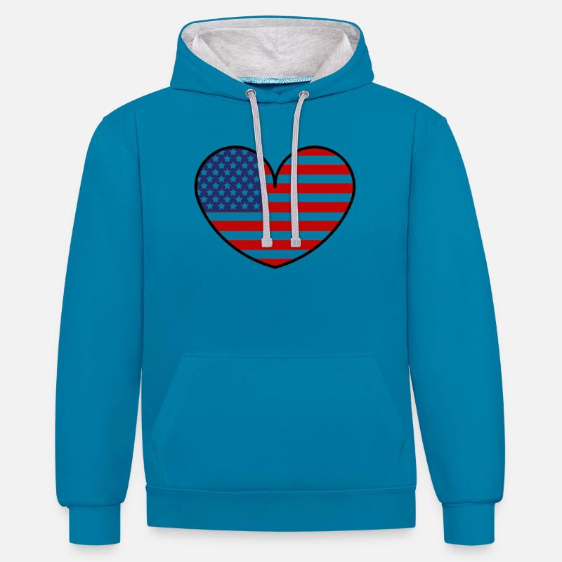 Cœur du drapeau américain - Sweat à capuche contrasté - bleu paon/gris chiné