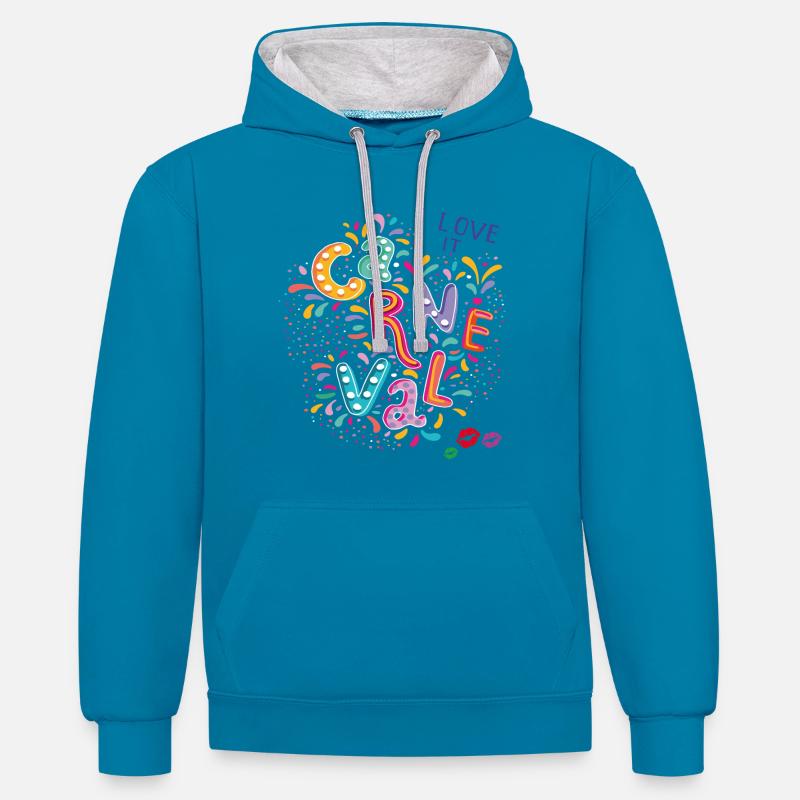 Carnaval, Confettis de carnaval - Sweat à capuche contrasté - bleu paon/gris chiné