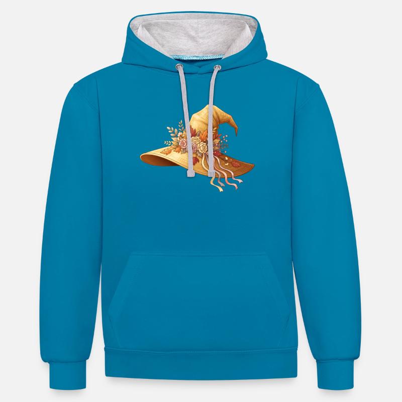Chapeau de fleurs d'automne - Sweat à capuche contrasté - bleu paon/gris chiné