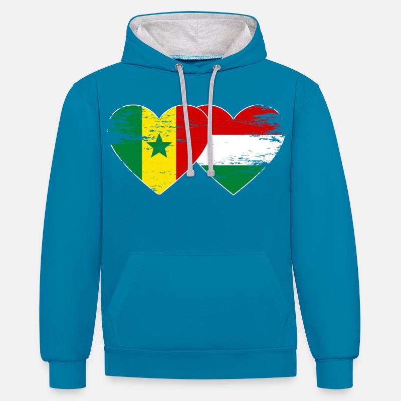 Sénégal Hongrie Drapeau Coeur utilisé - Sweat à capuche contrasté - bleu paon/gris chiné