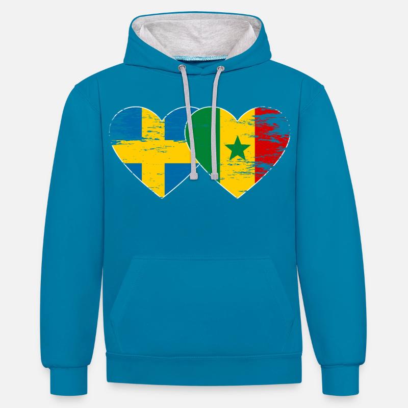 Suède Sénégal Drapeau Coeur utilisé - Sweat à capuche contrasté - bleu paon/gris chiné