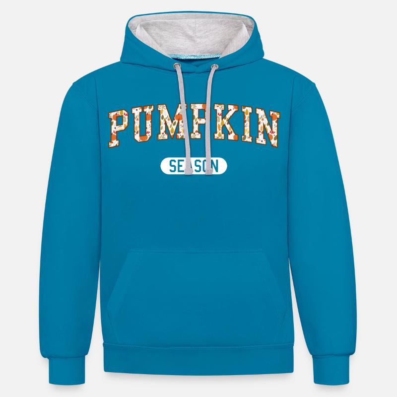 Saison des citrouilles - Graphique d’automne - Sweat à capuche contrasté - bleu paon/gris chiné