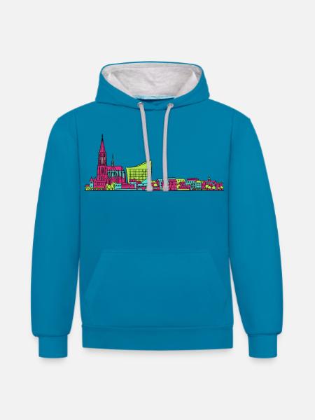 Straßburger Skyline Kathedrale Linienkunst - Kontrast-Hoodie - Pfauenblau/Grau meliert