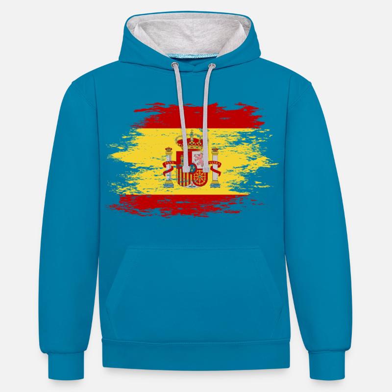Drapeau de l’Espagne utilisé - Sweat à capuche contrasté - bleu paon/gris chiné