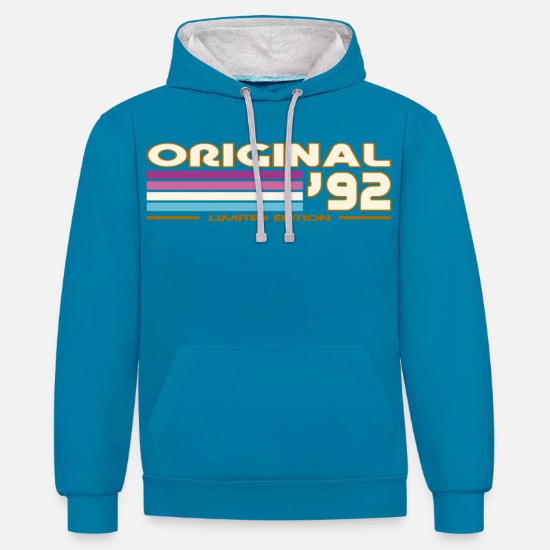 1992 - Sweat à capuche contrasté - bleu paon/gris chiné