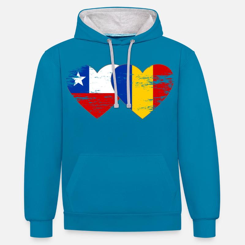 Cœur du drapeau Chili-Roumanie utilisé - Sweat à capuche contrasté - bleu paon/gris chiné