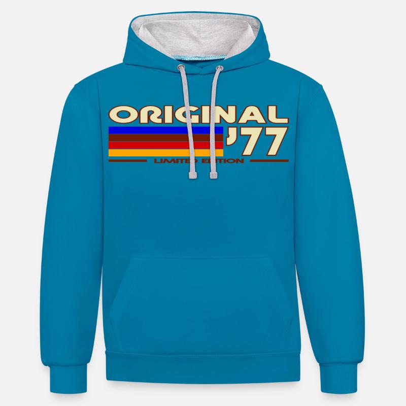 1977 - Sweat à capuche contrasté - bleu paon/gris chiné