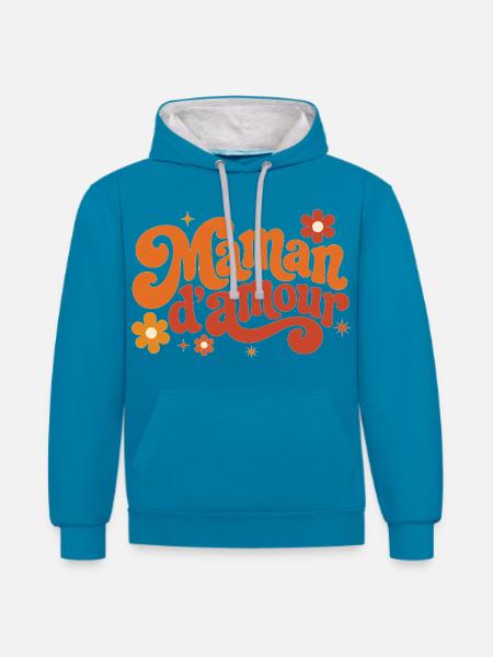 Maman d'amour groovy florale - Sweat à capuche contrasté - bleu paon/gris chiné