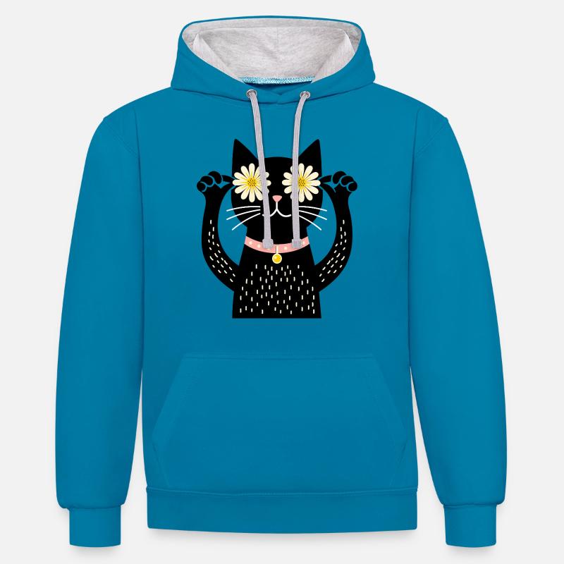 Chat et marguerites - Sweat à capuche contrasté - bleu paon/gris chiné