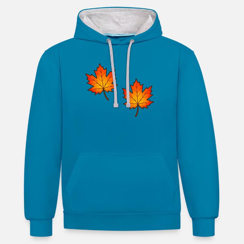 Illustration de feuilles d’érable d’automne - Sweat à capuche contrasté - bleu paon/gris chiné