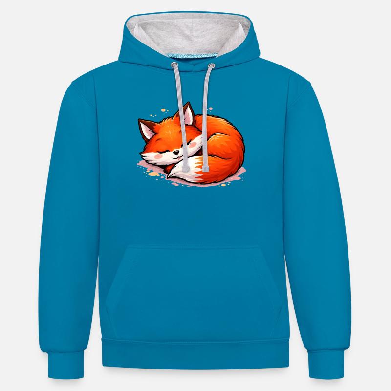 Renard endormi – Motif d’animal mignon - Sweat à capuche contrasté - bleu paon/gris chiné