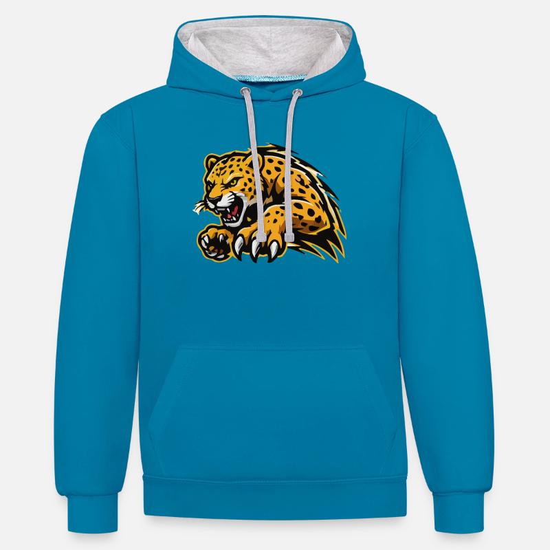 Assaut féroce du léopard - Sweat à capuche contrasté - bleu paon/gris chiné