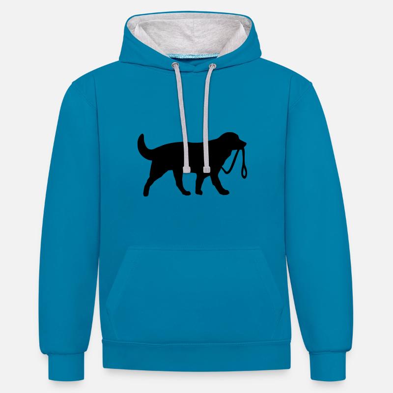 Hund mit Leine - Kontrast-Hoodie - Pfauenblau/Grau meliert