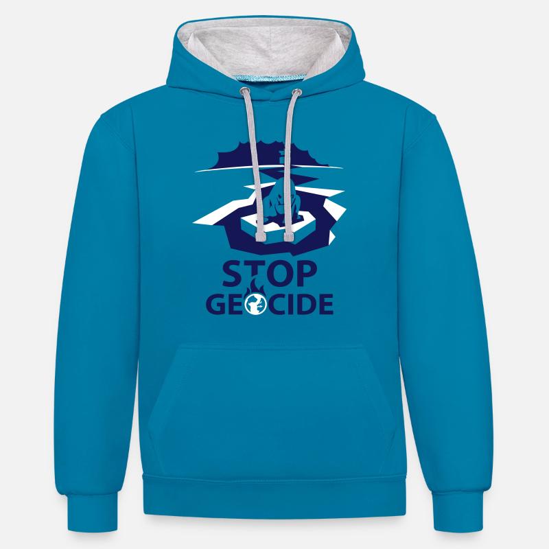 STOP Geocide - Sweat à capuche contrasté - bleu paon/gris chiné