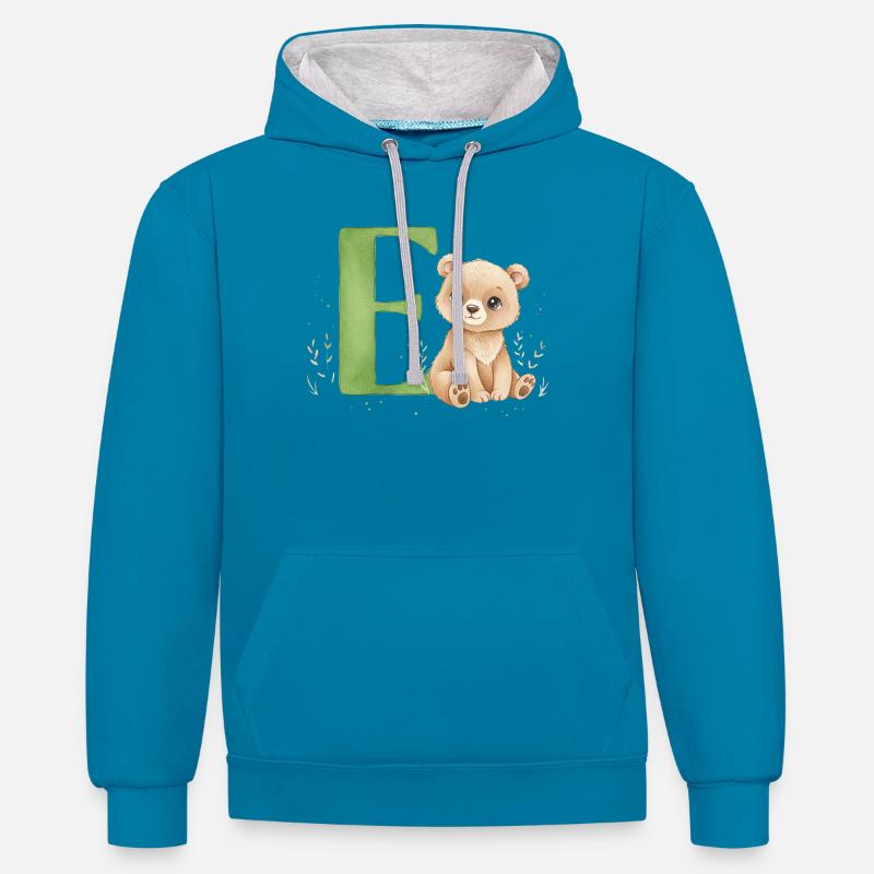 E mit Teddy: Verspielter Buchstabe E - Kontrast-Hoodie - Pfauenblau/Grau meliert