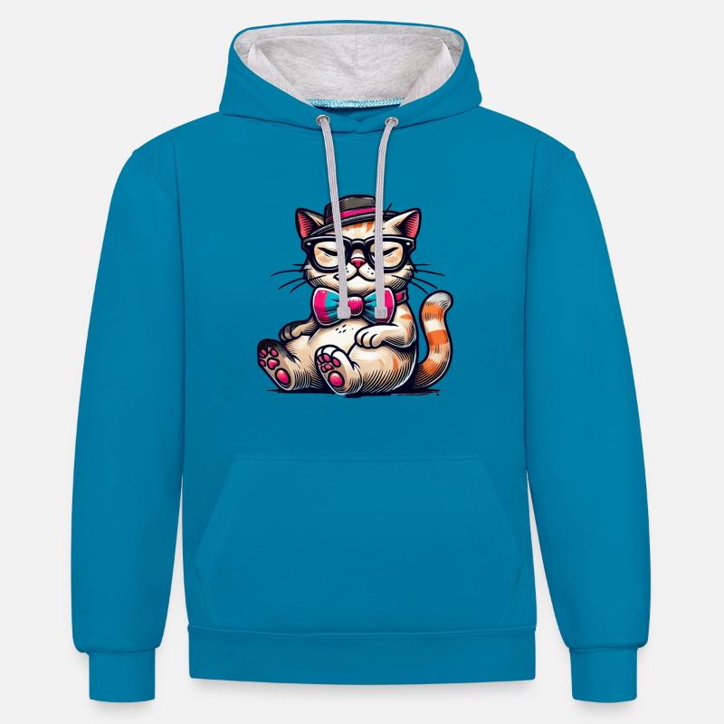 chat élégant - Sweat à capuche contrasté - bleu paon/gris chiné