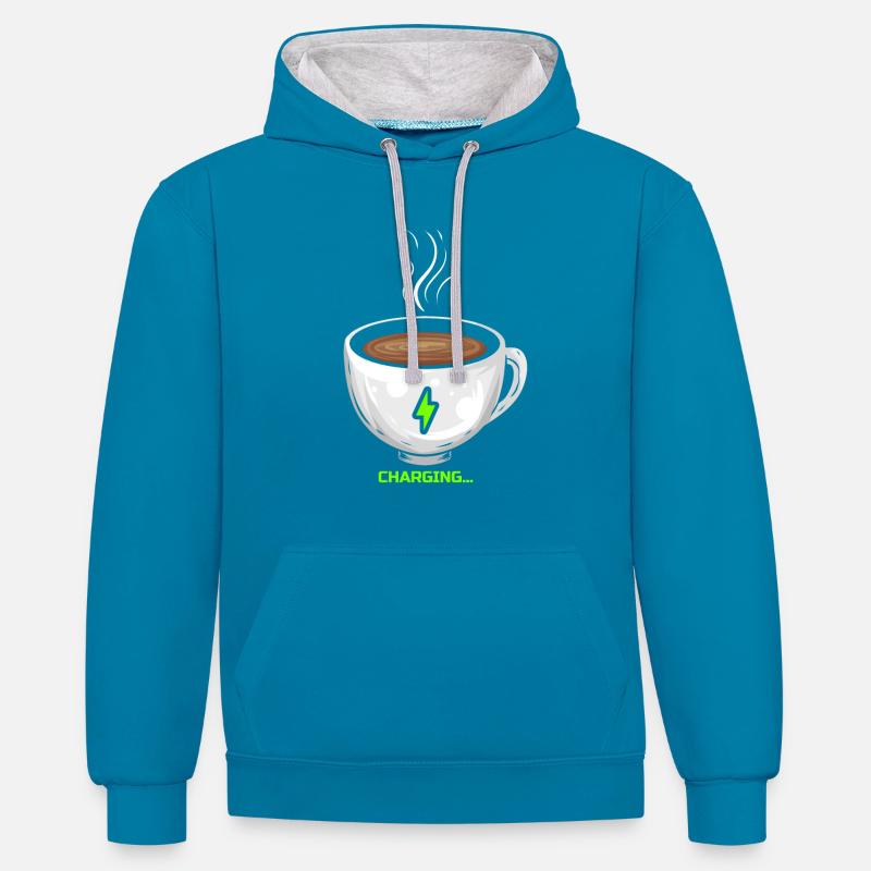 Le café recharge les batteries - Sweat à capuche contrasté - bleu paon/gris chiné