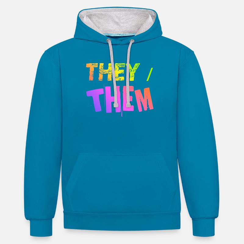 they / them Geschenkidee LGBTQ+ nonbinary Pronomen - Kontrast-Hoodie - Pfauenblau/Grau meliert