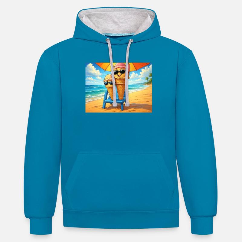 Glace en été - Sweat à capuche contrasté - bleu paon/gris chiné