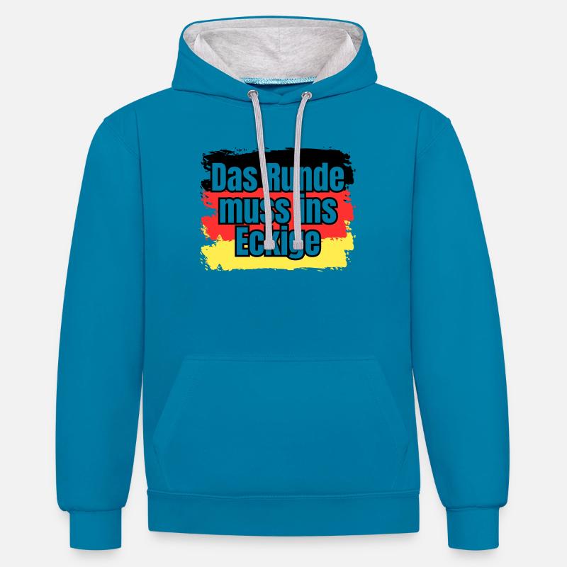 Das Runde muss ins Eckige - Spruch - Kontrast-Hoodie - Pfauenblau/Grau meliert