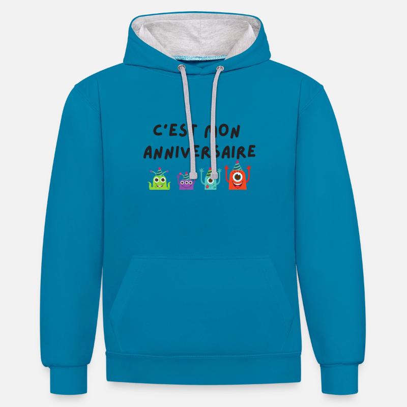 c'est mon anniversaire monstre - Sweat à capuche contrasté - bleu paon/gris chiné