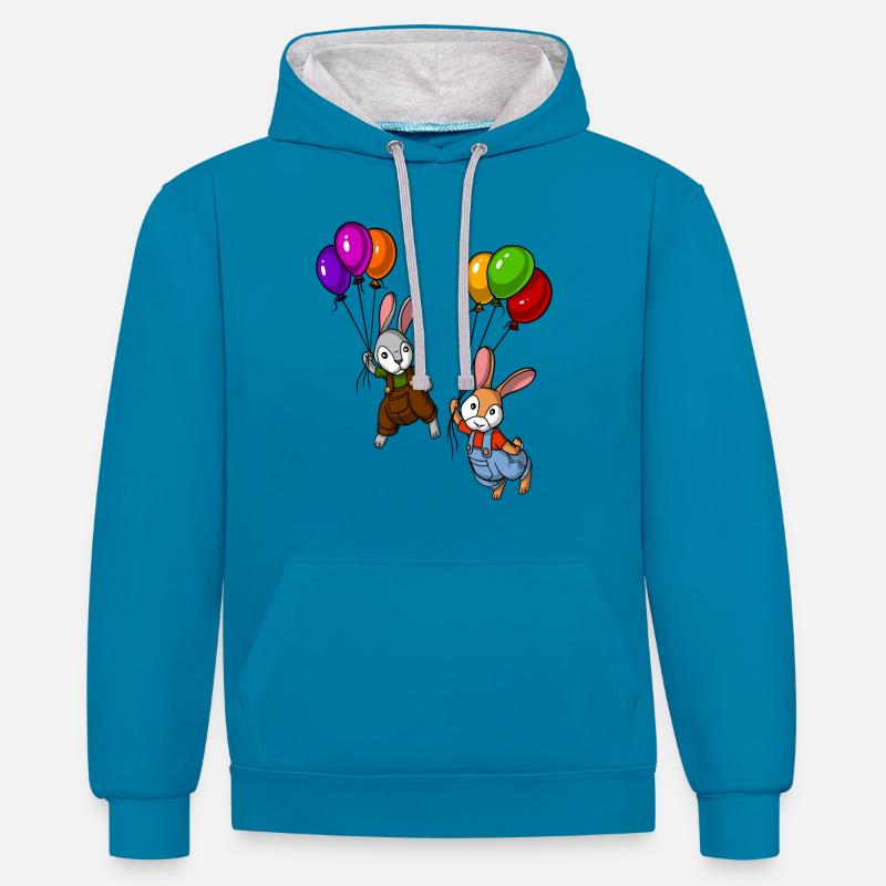 Drôles de ballons de lapin - Sweat à capuche contrasté - bleu paon/gris chiné
