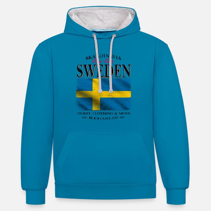 Suède, drapeau de la Suède - Sweat à capuche contrasté - bleu paon/gris chiné
