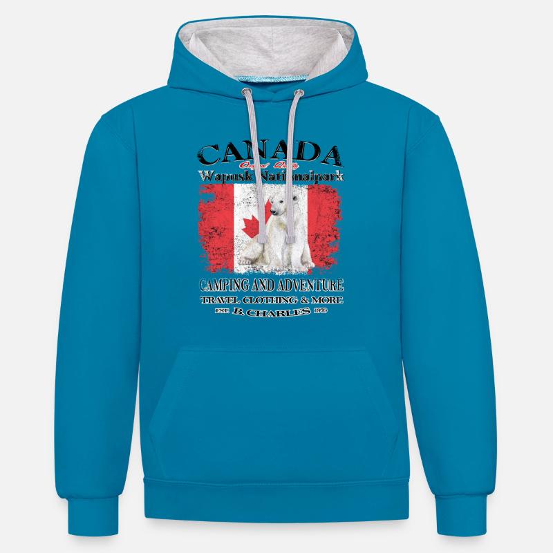 Canada, Canada, camping - Sweat à capuche contrasté - bleu paon/gris chiné