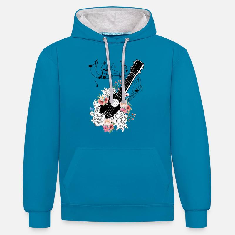 Ukulélé avec des fleurs cadeau - Sweat à capuche contrasté - bleu paon/gris chiné