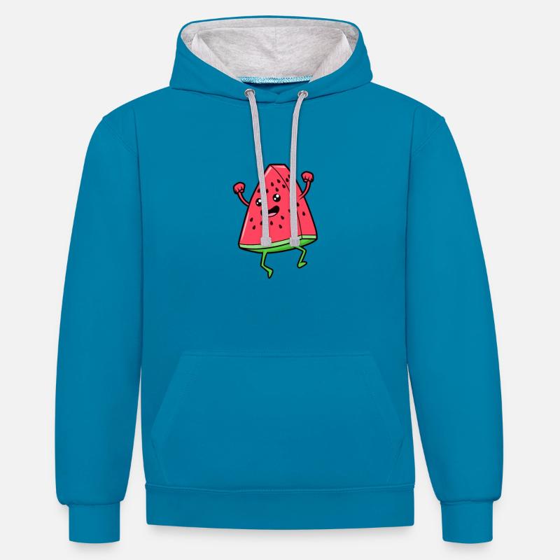 Kawaii Comic Pastèque - Sweat à capuche contrasté - bleu paon/gris chiné