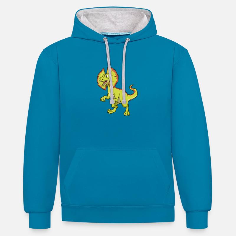 Kawaii Dilophosaurus - Sweat à capuche contrasté - bleu paon/gris chiné
