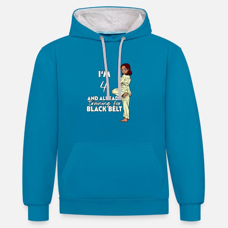 Ich bin 4 - Mädchen Karate - Kontrast-Hoodie - Pfauenblau/Grau meliert