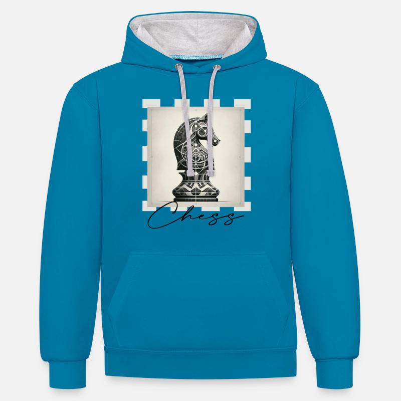 Échecs - Sweat à capuche contrasté - bleu paon/gris chiné