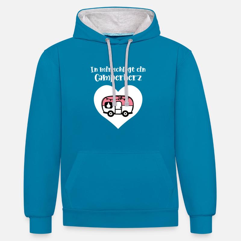 Camping mit Herz Campingfreunde Campingfans - Kontrast-Hoodie - Pfauenblau/Grau meliert