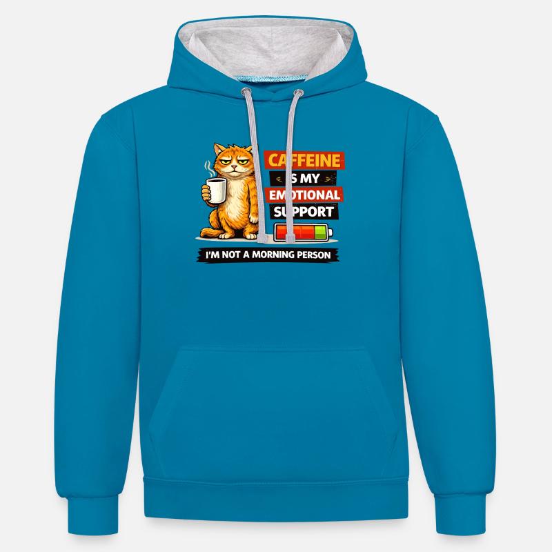 Humeur matinale caféinée pour chat - Sweat à capuche contrasté - bleu paon/gris chiné