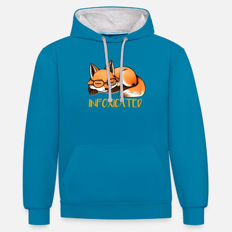 Renard endormi - Sweat à capuche contrasté - bleu paon/gris chiné