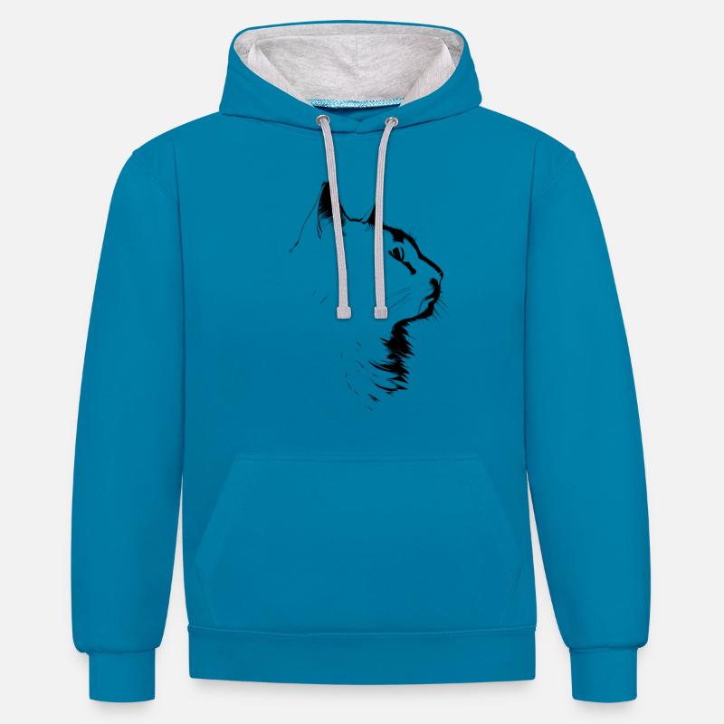 Chat, Motif De Chat - Sweat à capuche contrasté - bleu paon/gris chiné