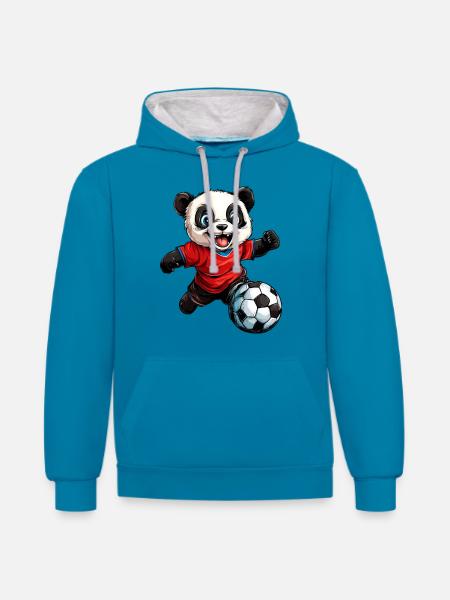 Fussball Pandas - Kontrast-Hoodie - Pfauenblau/Grau meliert
