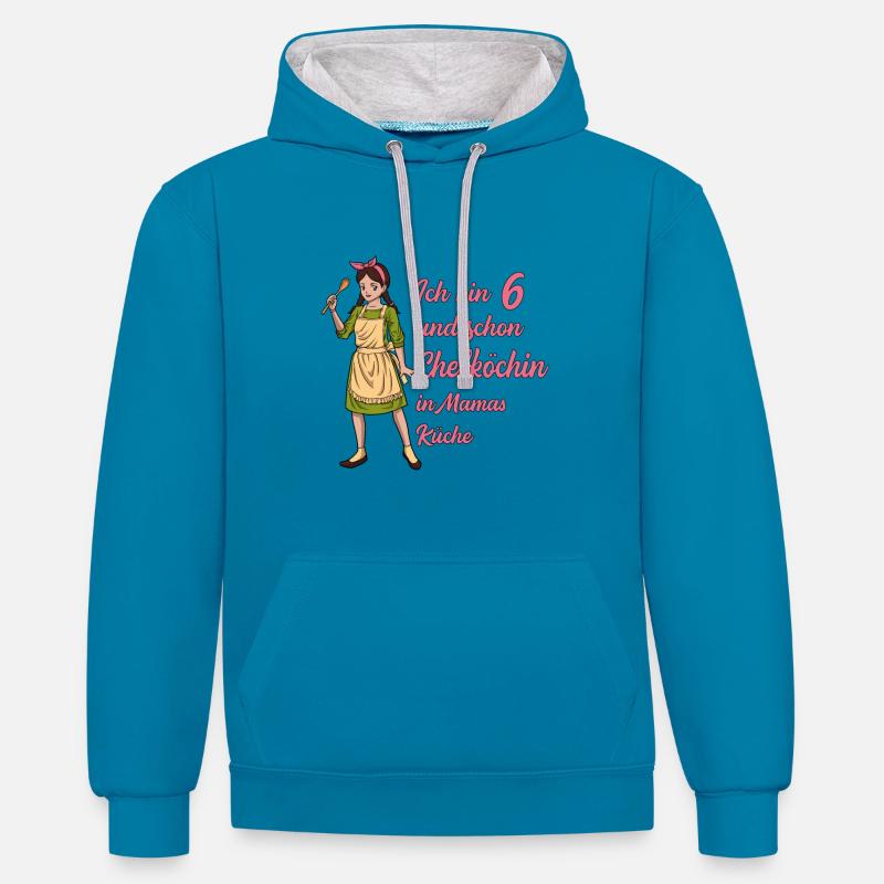 Ich bin 6 - Mädchen Koch - Kontrast-Hoodie - Pfauenblau/Grau meliert
