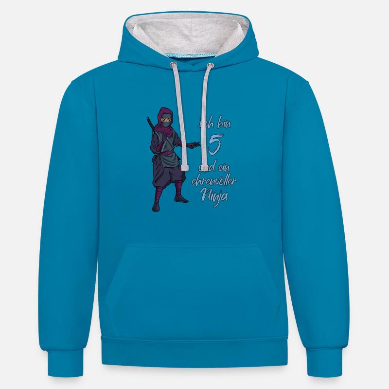 Ich bin 5 - Jungen Ninja - Kontrast-Hoodie - Pfauenblau/Grau meliert