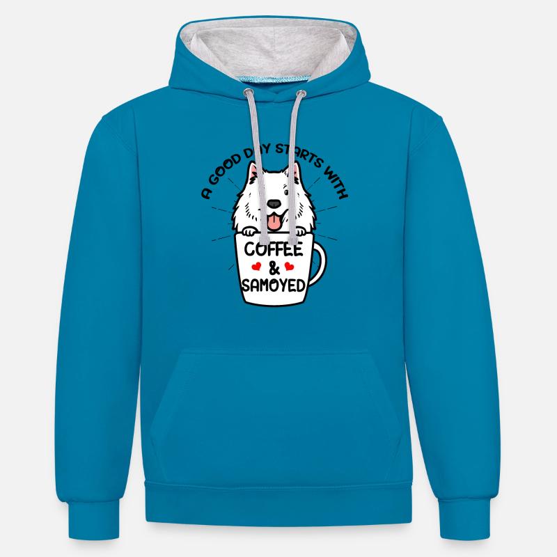 Café et chien Samoyède Samoyedenspitz - Sweat à capuche contrasté - bleu paon/gris chiné