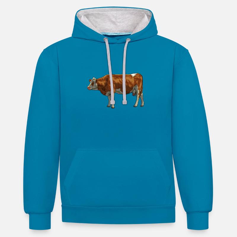 Dessin d’une vache Simmental - Sweat à capuche contrasté - bleu paon/gris chiné
