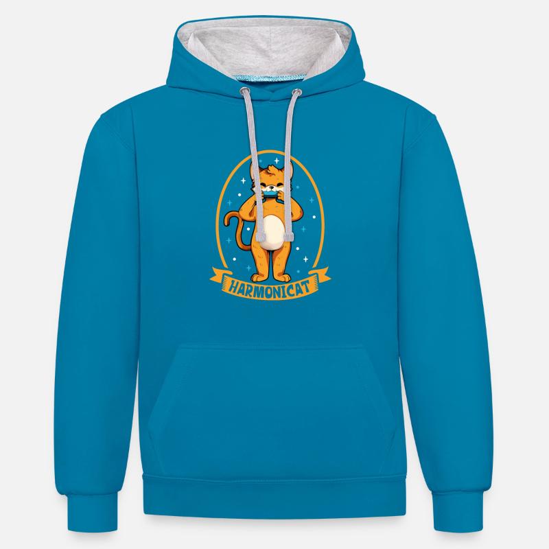 Harmonicat - Chat avec harmonica - Sweat à capuche contrasté - bleu paon/gris chiné