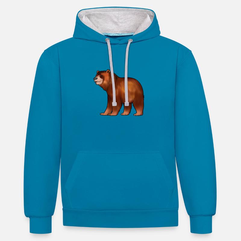 Dessin d’un ours brun - Sweat à capuche contrasté - bleu paon/gris chiné