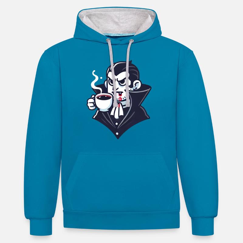 Dracula Coffee Time Cartoon Design - Sweat à capuche contrasté - bleu paon/gris chiné