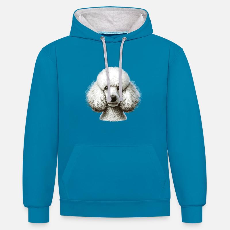 Visage de chien - Caniche - Sweat à capuche contrasté - bleu paon/gris chiné