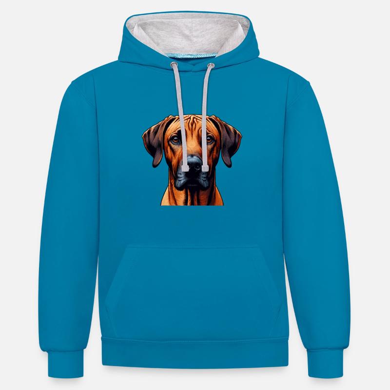 Visage de chien - Rhodesian Ridgeback - Sweat à capuche contrasté - bleu paon/gris chiné
